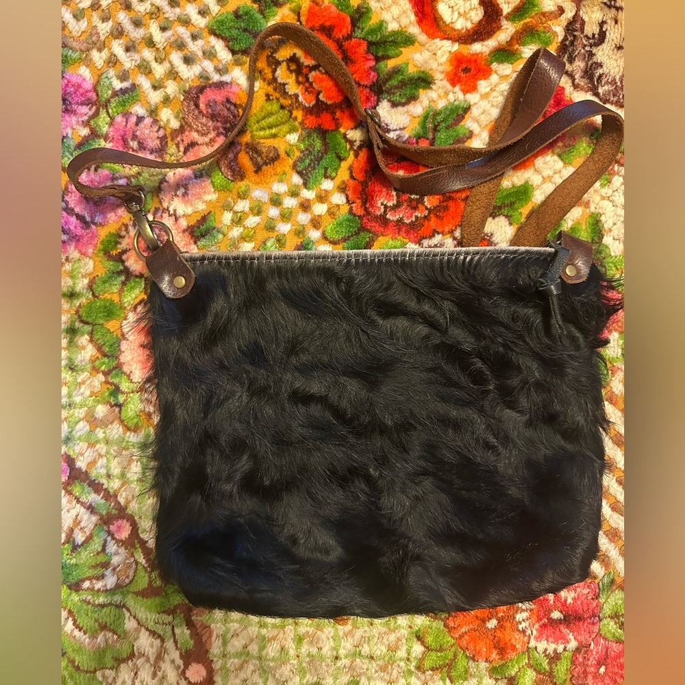 Cowhide black hair fuzzy leather crossbody purse
